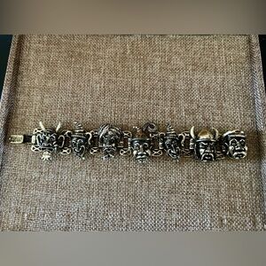 Vintage Halloween Devil Genie Jesters Silver Tone Oxidized Charm Link Bracelet